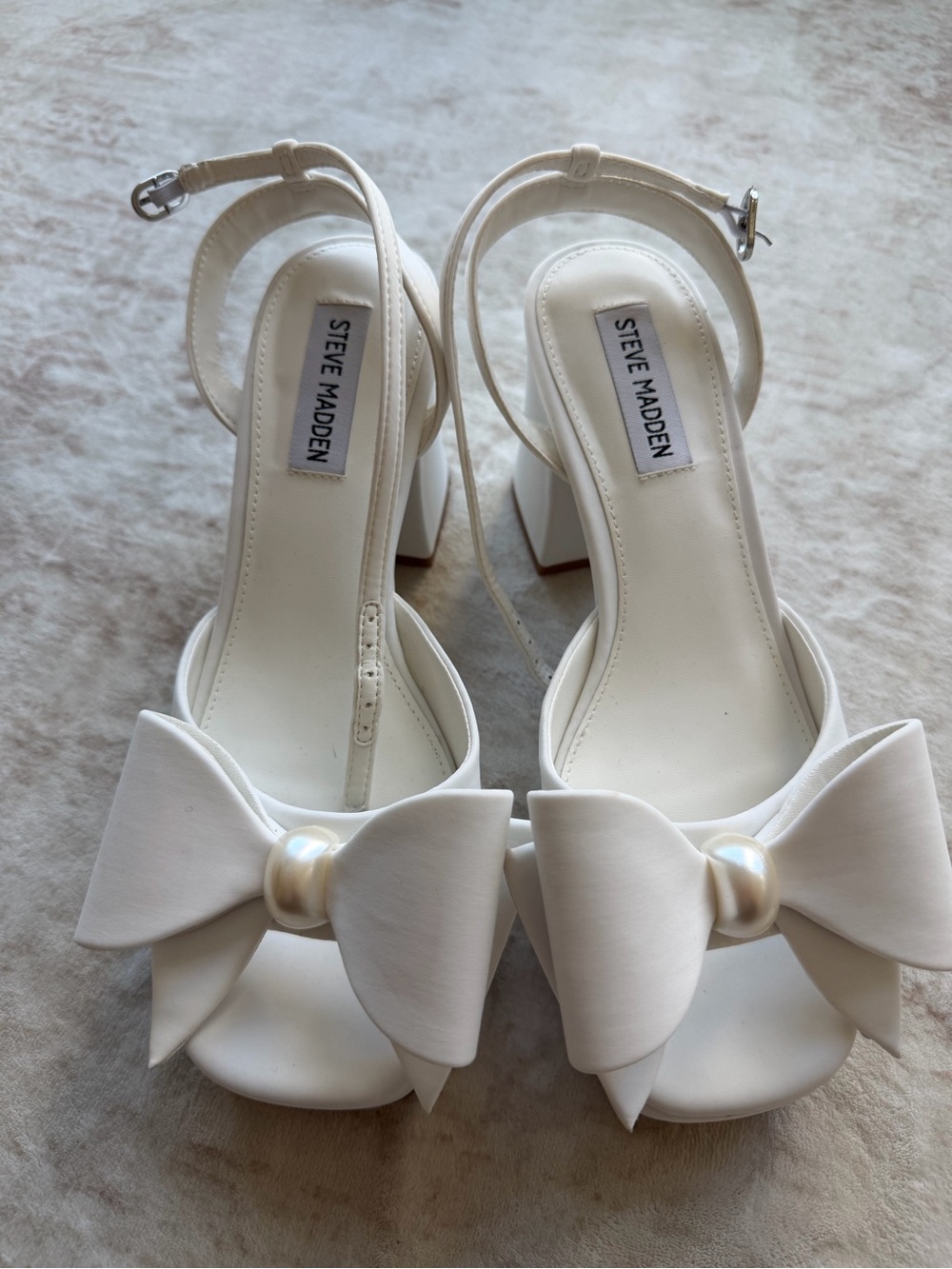Steve Madden White Bow Block Heel Sandals with Pearl Accent